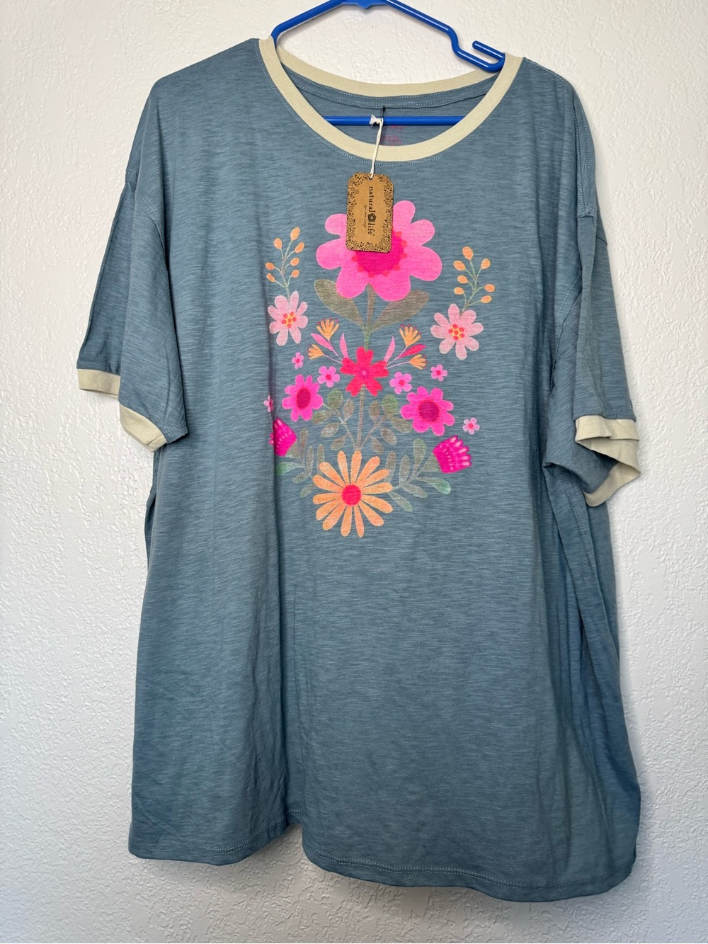 Natural Life Blue Floral Graphic Tee with Pink Accents